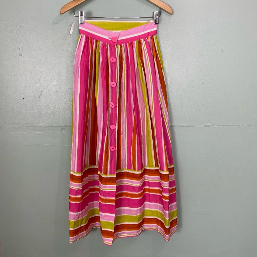 PatBo Striped Pink Multi Skirt Midi Button Front Size 0